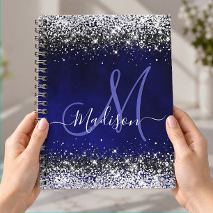 Carnet Joli bleu royal argent faux monogramme pailleté