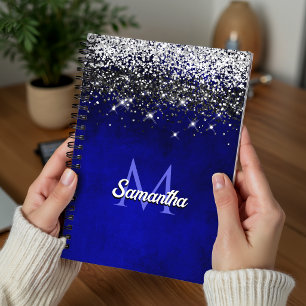 Carnet Joli bleu royal faux paillettes monogramme argenté