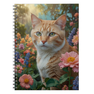 Carnet Joli chat blanc orange dans un jardin fleuri