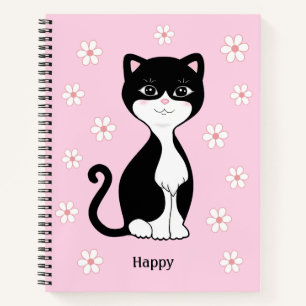Carnet Joli chat smoking & fleurs sur fond rose clair