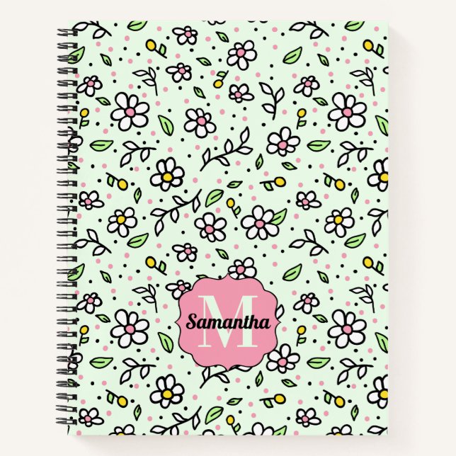 Carnet Joli Doodle Daisy Flowers mignon Monogramme Motif (Devant)