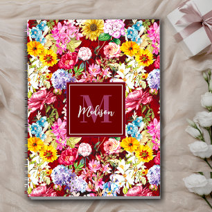 Carnet Joli jaune rouge élégant monogramme floral