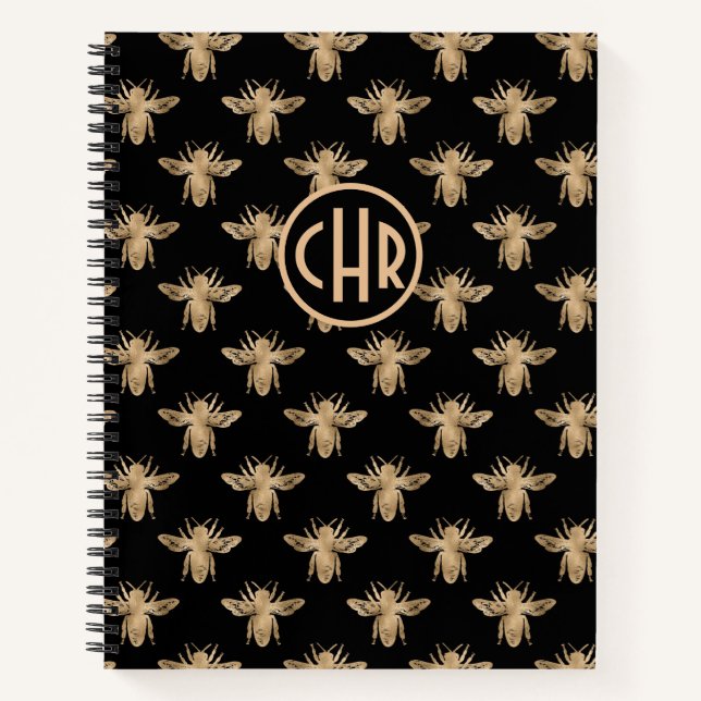 Carnet Joli Monogramme D'Abeille Reine Noir Et Or (Devant)