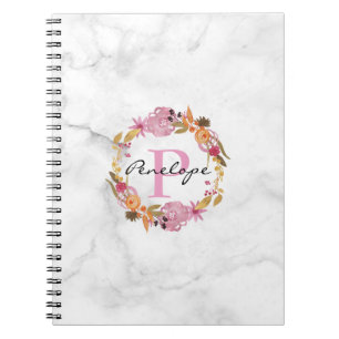 Carnet Joli Monogramme de couronne de fleurs rose