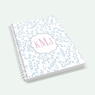 Carnet Joli Monogramme Élégant Bleu Simple Floral