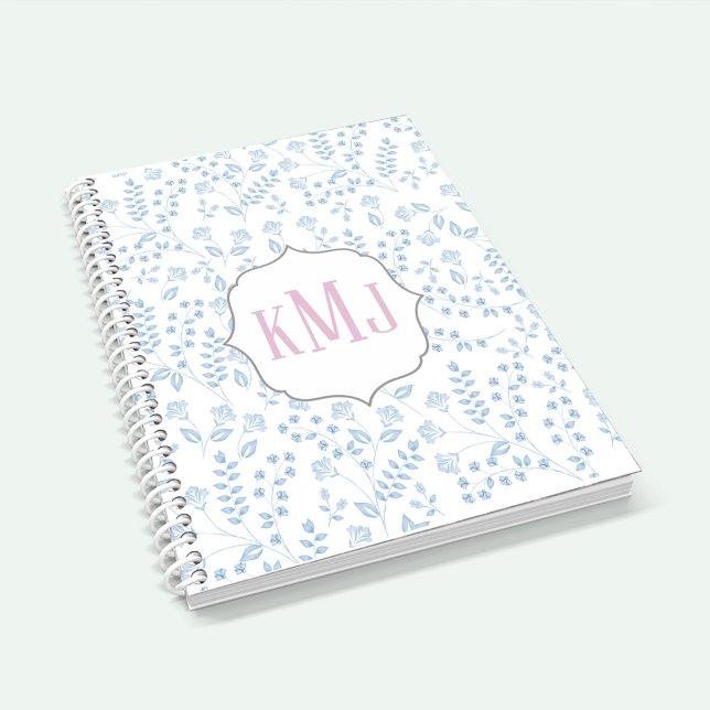 Carnet Joli Monogramme Élégant Bleu Simple Floral (Créateur téléchargé)