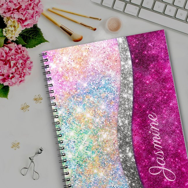 Carnet Joli monogramme iridescent rose argent pailleté fa (Créateur téléchargé)