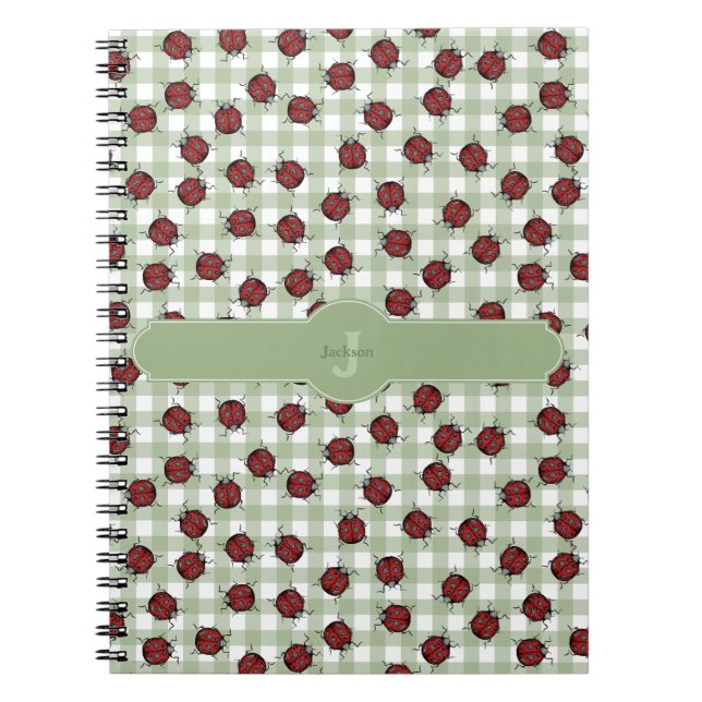 Carnet Joli motif de coccinelle, vichy vert et monogramme (Devant)