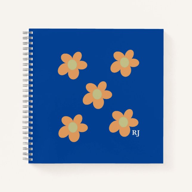 Carnet Joli Orange Fleurs Joyeuses +Personnalisé Initial  (Devant)