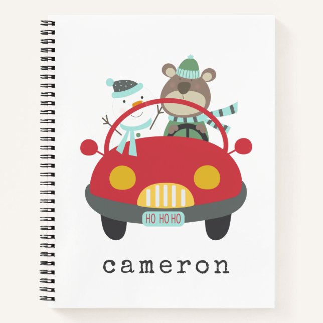 Carnet Joli Ours de Noël Snowman Red Car Nom personnalisé (Devant)