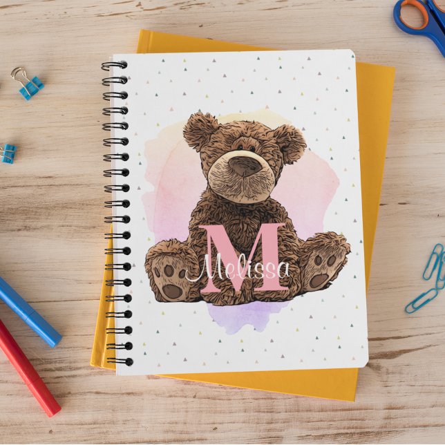 Carnet Joli ours en peluche rose avec monogramme aquarell (Créateur téléchargé)