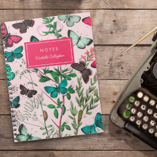 Carnet Joli papillons Vintages Nom Turquoise rose