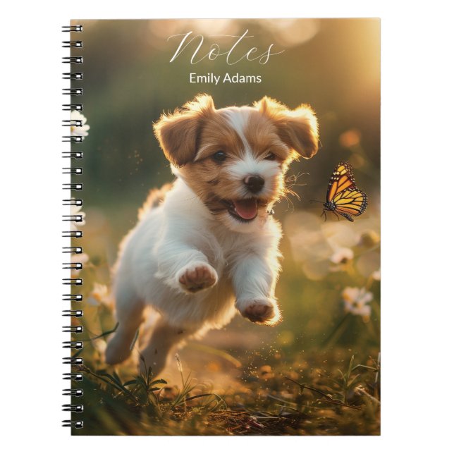 Carnet Joli petit chiot à la recherche d'un papillon (Devant)