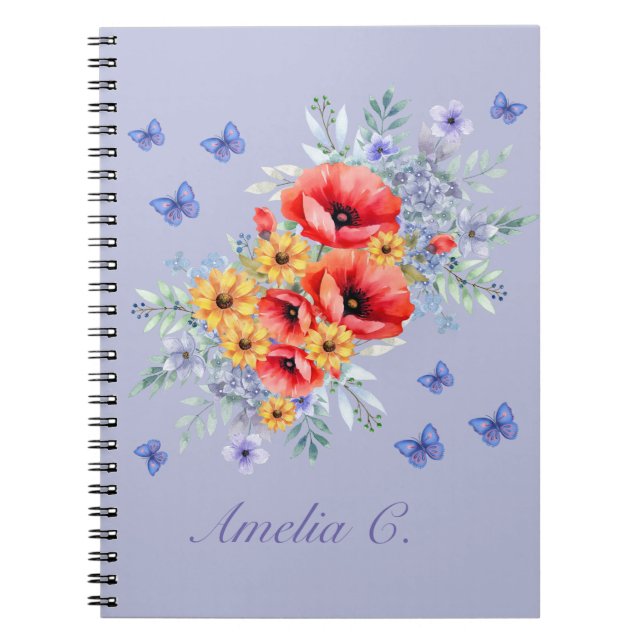 Carnet Joli Poppies rouges, tournesols et papillons (Devant)