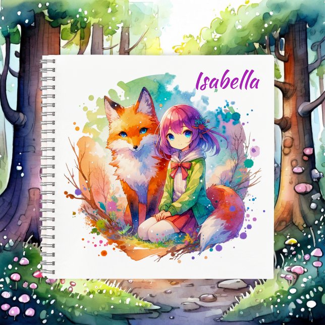 Carnet Jolie aquarelle Anime Girl et Fox Anniversaire (Créateur téléchargé)