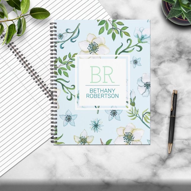 Carnet Jolie aquarelle bleue Floral Personnalisé (Créateur téléchargé)