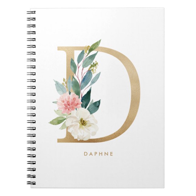 Carnet Jolie Faux Gold Foil Floral Lettre D Monogramme (Devant)
