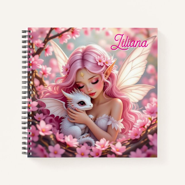 Carnet Jolie Fée Elfe Rose & Dragon Personnalisé (Devant)
