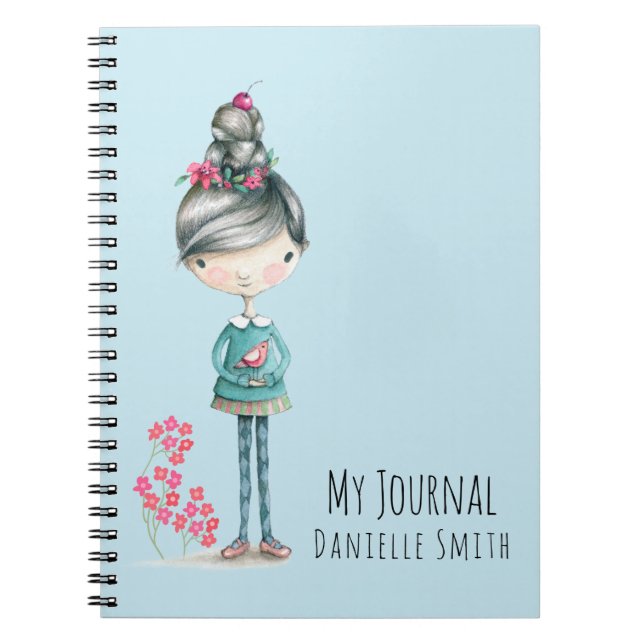 Carnet Jolie Fille Boho Avec Oiseau (Devant)