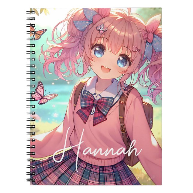 Carnet Jolie fille d'anime aux nattes roses (Devant)