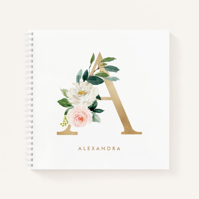 Carnet Jolie Florales Faux Gold Foil Lettre A Monogramme (Devant)