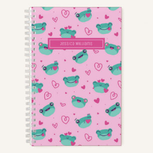 Carnet Jolie grenouille et motif de cœur gribouillé rose 