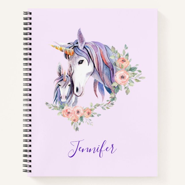Carnet Jolie licorne maman & bébé aquarelle Floral (Devant)