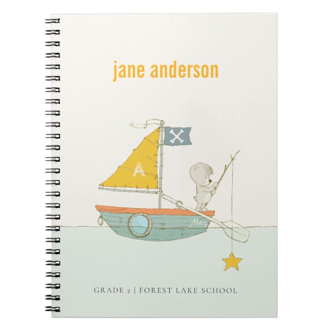 Carnet Jolie Pêche Ours Star Voilier Enfants Monogramme (Devant)