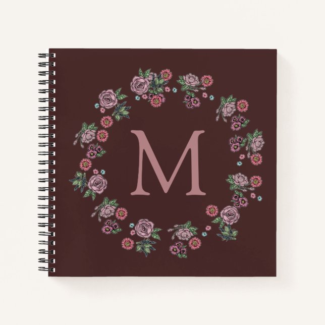Carnet Jolie rose Roses Wreath Monogramme Bourgogne (Devant)