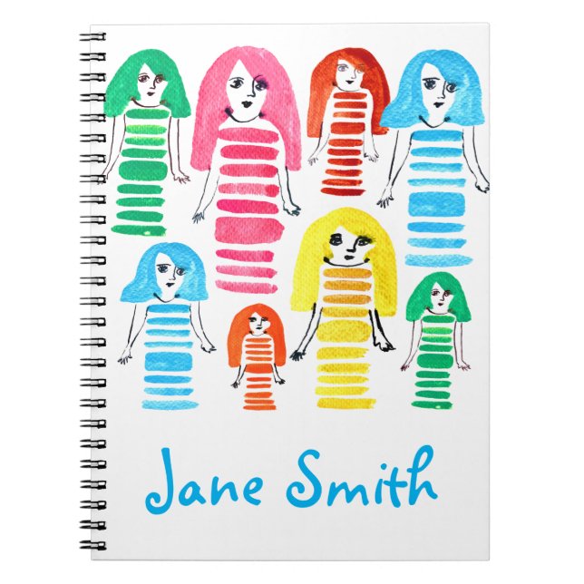 Carnet Jolies filles à l'aquarelle, art moderne funky (Devant)