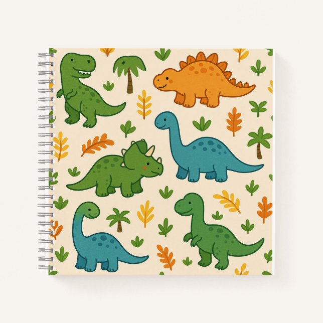 Carnet Jolis Dinosaures de Dessin Animé avec des Feuilles (Devant)