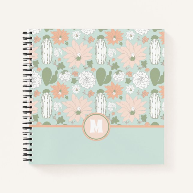 Carnet Jouer Cactus Peach Green Floral Pattern Monogramme (Devant)