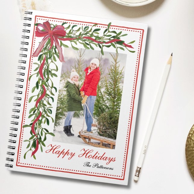 Carnet Joyeuses vacances Mistletoe Red Bow Family Photo (Créateur téléchargé)