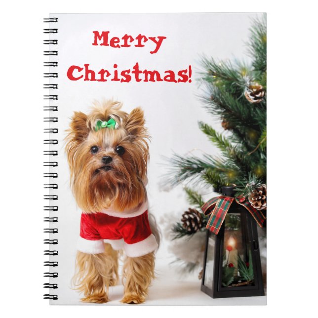 Carnet Joyeux Noël Père Noël Yorkie avec arbre de Noël (Devant)