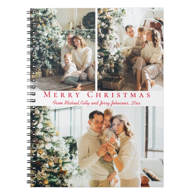 Carnet joyeux Noël rouge script 3 photos collage chic (Devant)