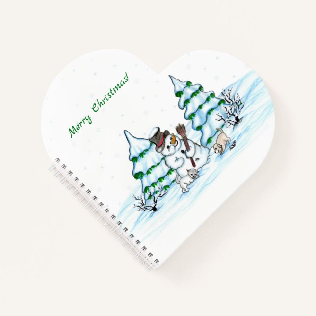 Carnet Joyeux Noël ! Snowman avec chat et chiot (Devant)