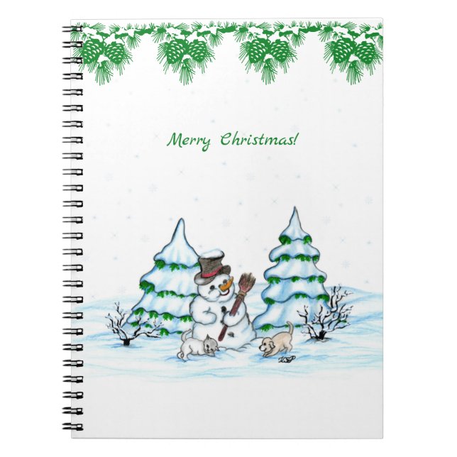 Carnet Joyeux Noël ! Snowman avec chat et chiot (Devant)