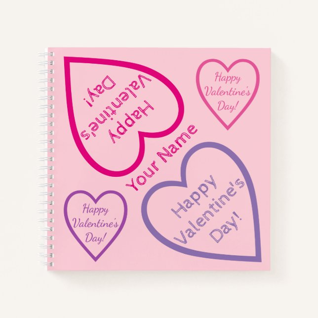 Carnet Joyeux Valentines Day Coeurs rose et violet Nom (Devant)