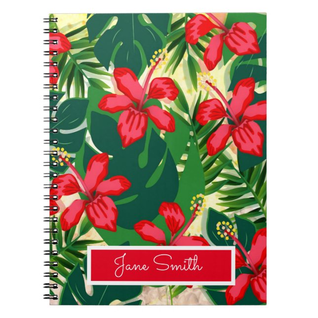 Carnet Jungle tropical coloré hibiscus rouge et vert (Devant)