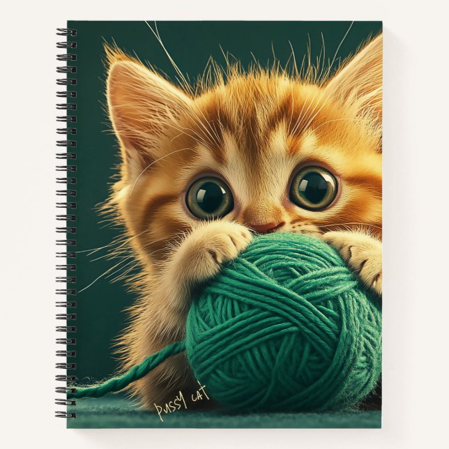 Carnet Kitten jaune jouant avec balle en laine verte (Devant)