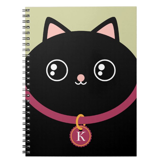 Carnet Kitty noir mignon font face au monogramme nommé (Devant)