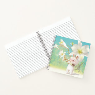 Carnet Lapin bébé trompettiste avec oiseau dans le jardin