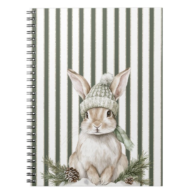 Carnet Lapin de Noël aux rayures vert olive et crème (Devant)