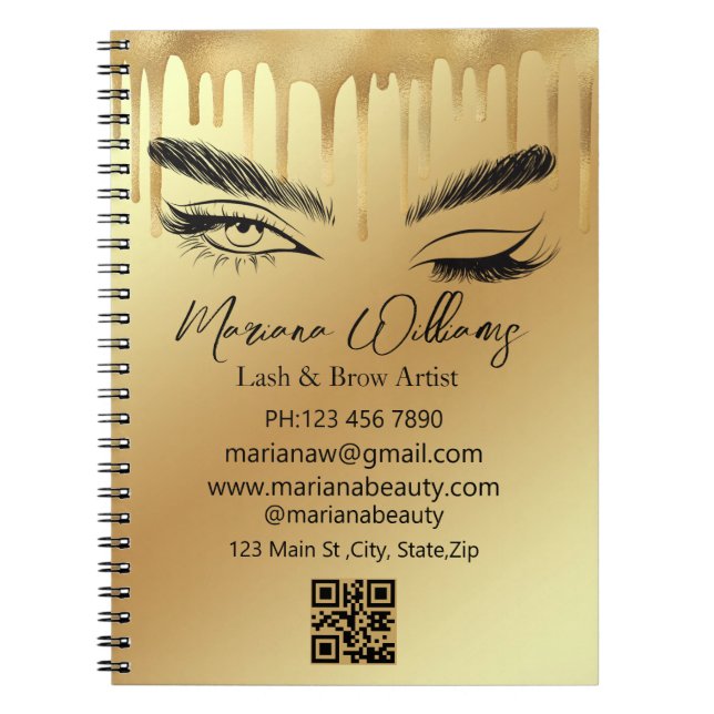Carnet lash et brow artiste qr code or goutte d'or luxe (Devant)