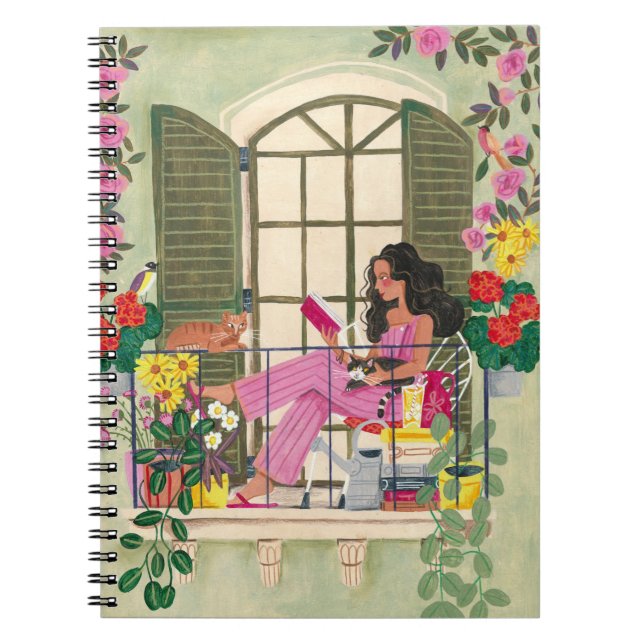 Carnet Lecture de filles sur le balcon d'été avec chats (Devant)