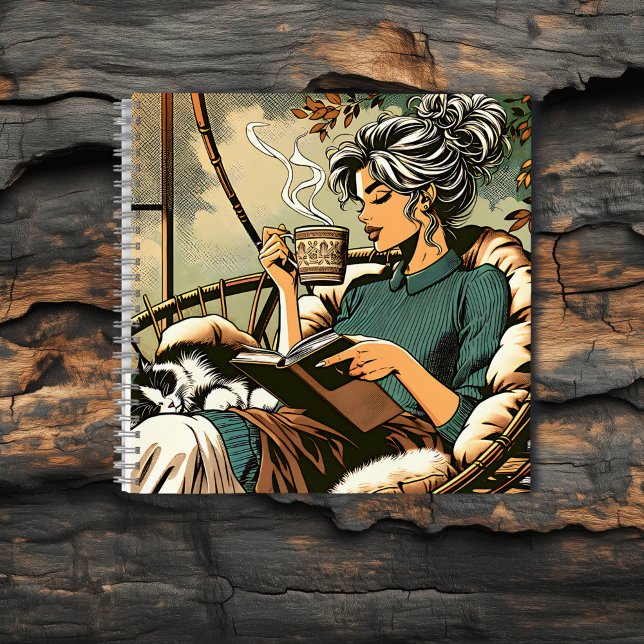 Carnet Lecture douce Lady avec café et chat (Créateur téléchargé)