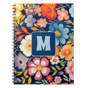 Carnet les années 70 60s Retro Floral Monogramme Bleu et 
