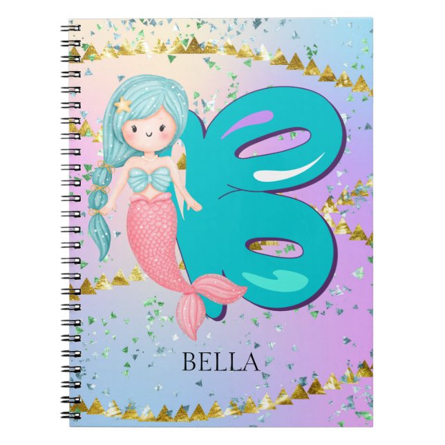 Carnet Lettre B Monogramme Aquarelle mignonne Sirène (Devant)