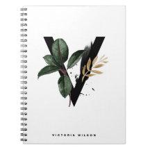 Lettre Boho V Monogramme Aquarelle Feuilles tropic