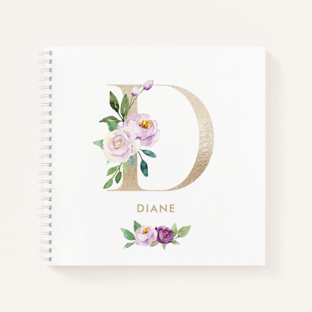 Carnet LETTRE D MONOGRAPHIQUE D Pretty Violet Floral Or (Devant)